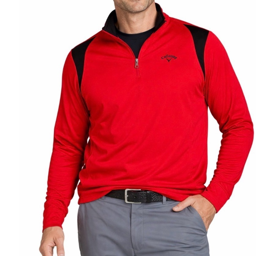 Callaway men's pull over sweatshirt hoodie golf red/black pockets 1/4 zip up MD